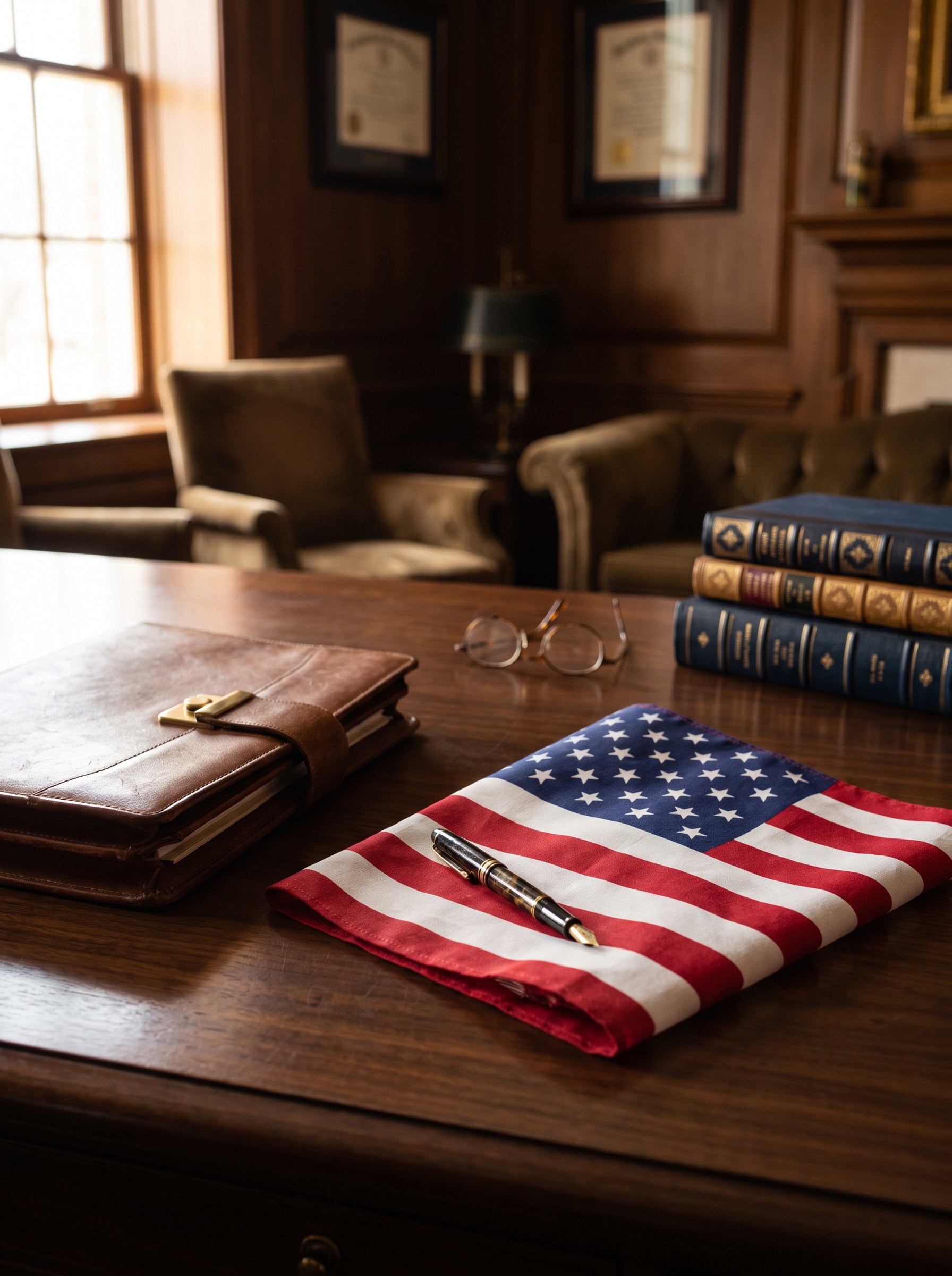 A folded American flag and pen resting on a leather portfolio at a legal office desk